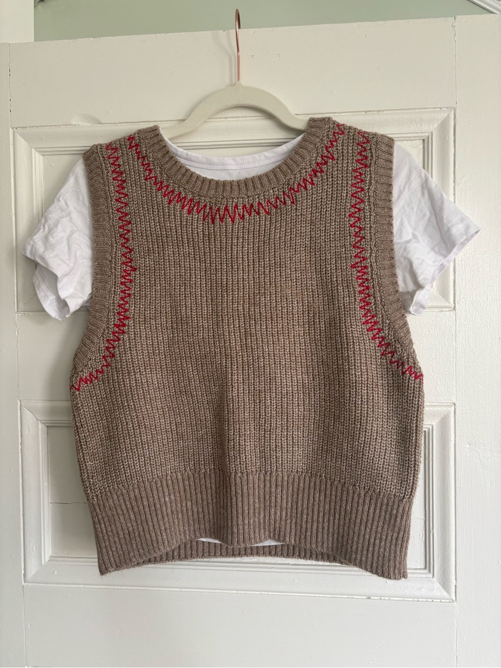 Pilcro Taupe Knit Vest with Red Accent Trim